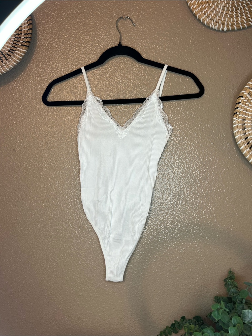 Forever 21 White Ribbed Lace-Trim Bodysuit